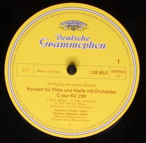 Wolfgang Amadeus Mozart, Carl Reinecke, Karlheinz Zöller, Nicanor Zabaleta, Berliner Philharmoniker, Ernst Märzendorfer – Konzert Für Flöte Und Harfe • Konzert Für Harfe LP vinyl record, image 3 of 4