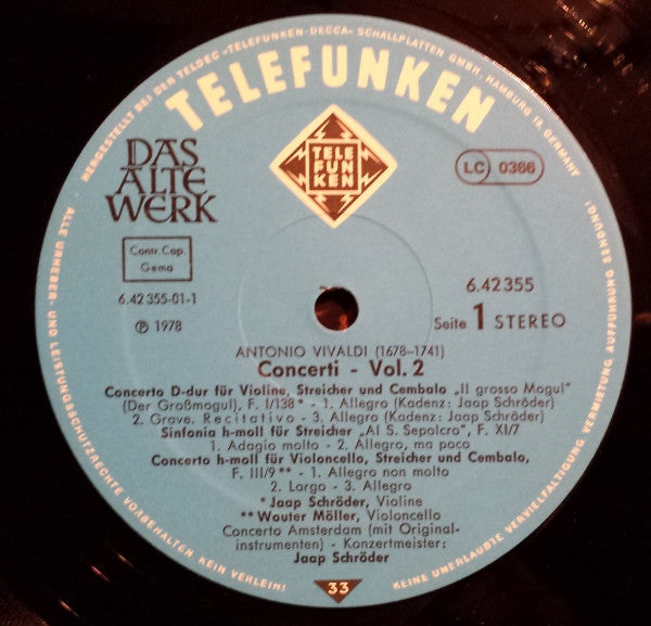 Jaap Schröder, Concerto Amsterdam, Antonio Vivaldi – Concerti Vol. 2 LP vinyl record, image 2 of 3