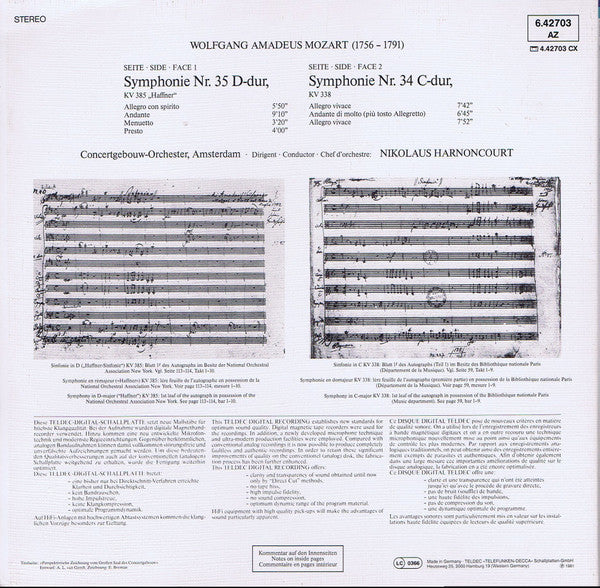 Wolfgang Amadeus Mozart, Concertgebouworkest, Nikolaus Harnoncourt – Symphonies Nr.35 »Haffner« & Nr.34 LP vinyl record, image 4 of 6