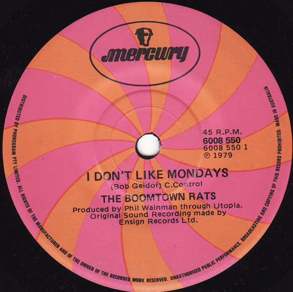 The Boomtown Rats – I Don't Like Mondays 7" vinyl record, image 1 of 2