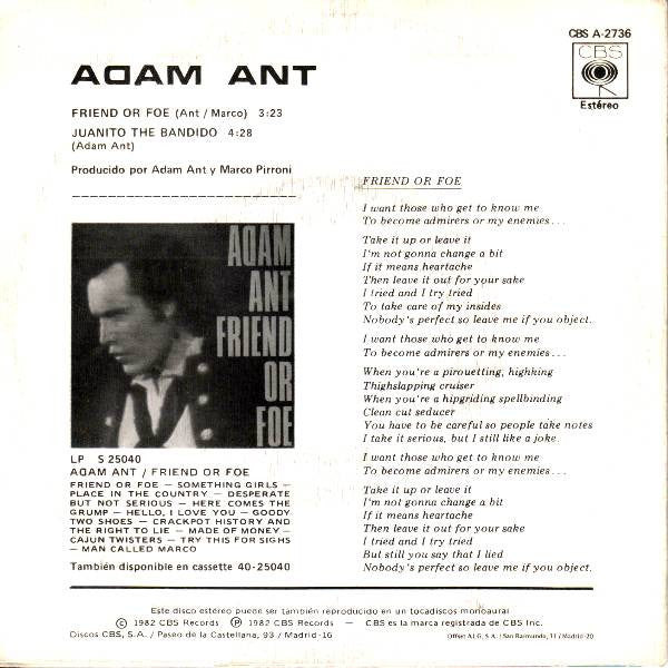 Adam Ant – Friend Or Foe 7" vinyl record, image 2 of 2