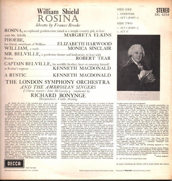 William Shield, London Symphony Orchestra, Richard Bonynge, Margreta Elkins, Robert Tear, Elizabeth Harwood, Monica Sinclair, Kenneth Macdonald, The Ambrosian Singers – Rosina LP vinyl record, image 2 of 3