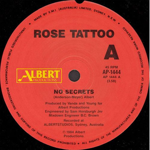 Rose Tattoo – No Secrets 7" vinyl record, image 1 of 2
