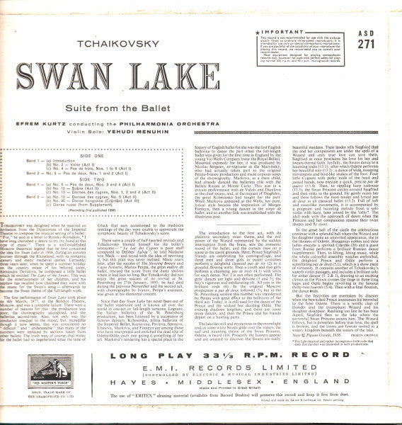Pyotr Ilyich Tchaikovsky, Yehudi Menuhin, Philharmonia Orchestra, Efrem Kurtz – Swan Lake - Suite From The Ballet LP vinyl record, image 2 of 3