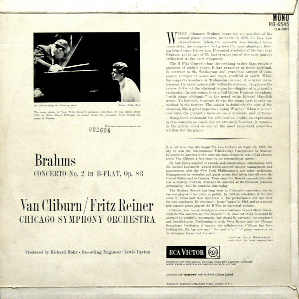 Johannes Brahms, Van Cliburn, Fritz Reiner, Chicago Symphony Orchestra – Concerto No. 2 LP vinyl record, image 2 of 2
