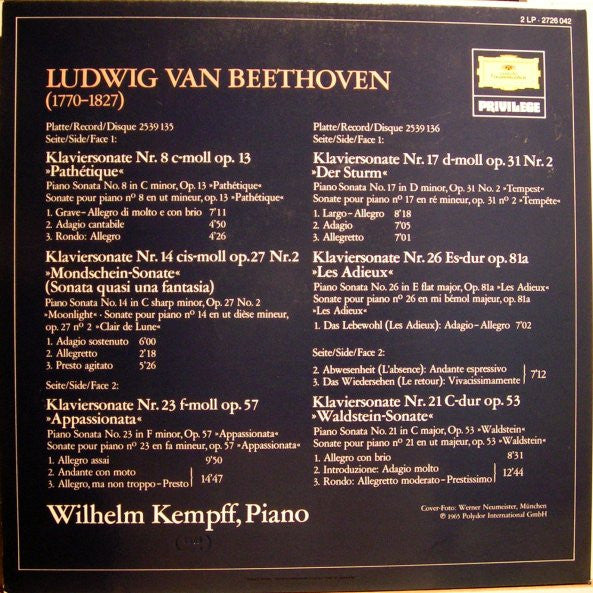 Ludwig van Beethoven, Wilhelm Kempff – Die Beliebtesten Sonaten (The Best-Loved Sonatas) (2xLP) LP vinyl record, image 2 of 4