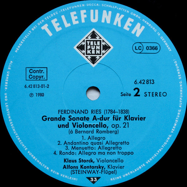 Ferdinand Ries, Klaus Storck, Alfons Kontarsky – Cellosonaten · Cello Sonatas · Sonates Pour Violoncelle Et Piano C-dur, Op. 20 · A-dur, Op. 21 LP vinyl record, image 4 of 4