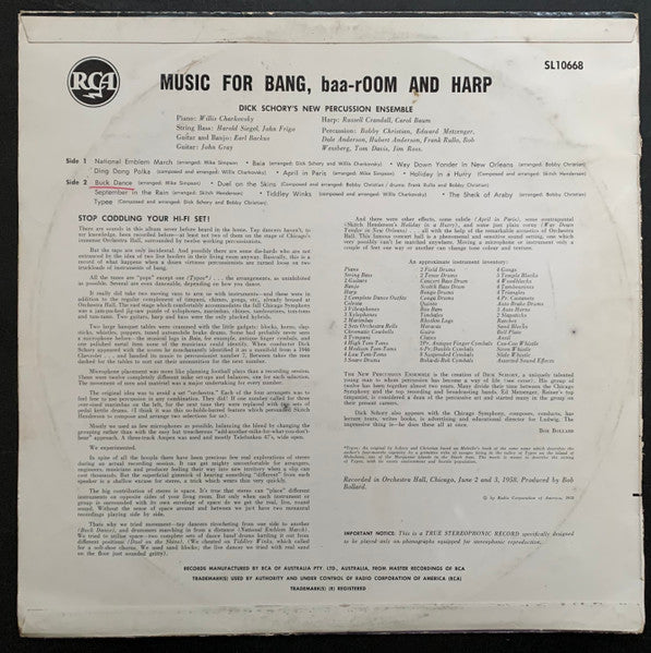 Dick Schory's Percussion And Brass Ensemble – Music For Bang, Baaroom And Harp LP vinyl record, image 2 of 4