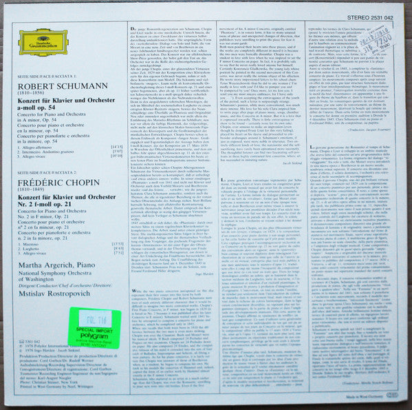Martha Argerich, Mstislav Rostropovich, Robert Schumann, Frédéric Chopin, National Symphony Orchestra – Klavierkonzert LP vinyl record, image 3 of 6