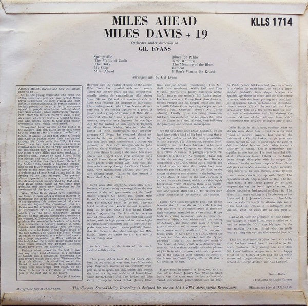 Miles Davis + 19, Gil Evans – Miles Ahead LP vinyl record, image 2 of 4