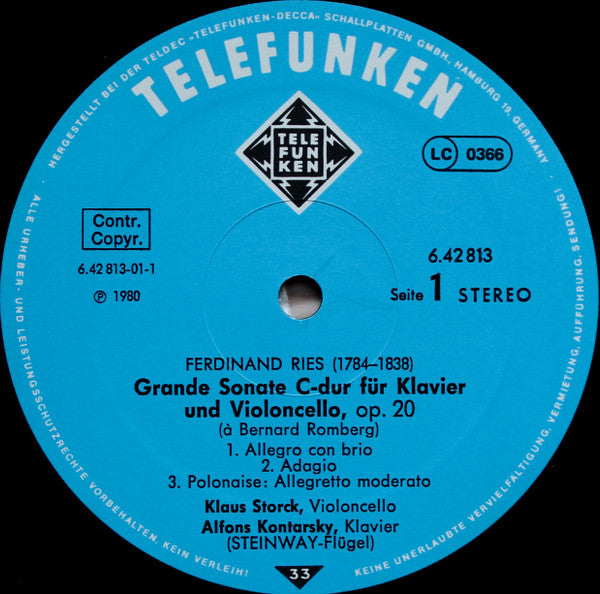 Ferdinand Ries, Klaus Storck, Alfons Kontarsky – Cellosonaten · Cello Sonatas · Sonates Pour Violoncelle Et Piano C-dur, Op. 20 · A-dur, Op. 21 LP vinyl record, image 3 of 4