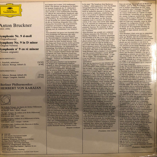 Anton Bruckner, Berliner Philharmoniker, Herbert von Karajan – Symphonie Nr. 9 LP vinyl record, image 2 of 4