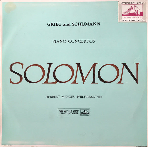 Edvard Grieg, Robert Schumann, Solomon, Herbert Menges, Philharmonia Orchestra – Piano Concertos LP vinyl record, image 1 of 3