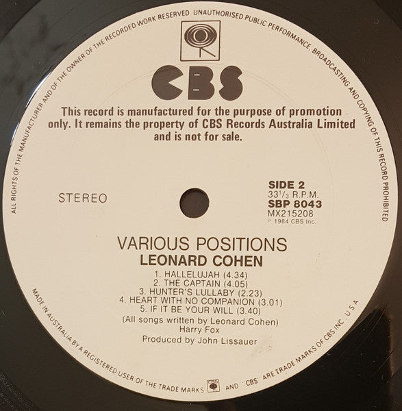 Leonard Cohen – Various Positions LP vinyl record, image 4 of 5