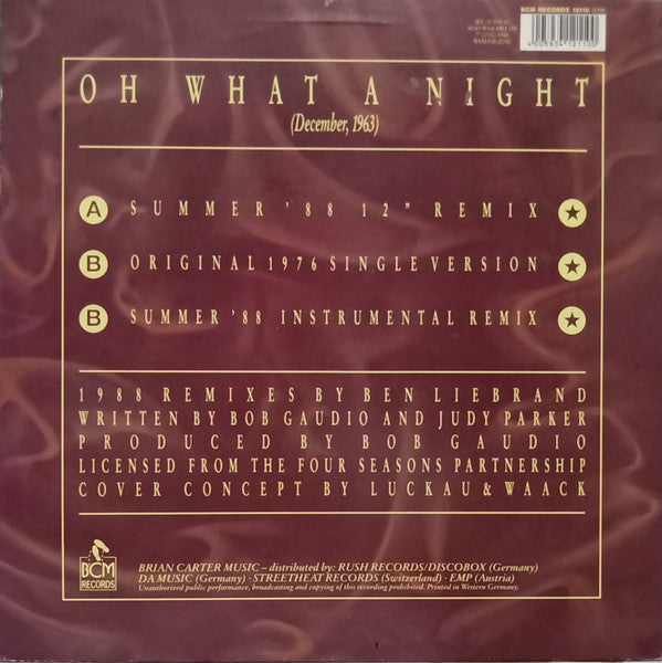 The Four Seasons, Frankie Valli – Oh What A Night (December, 1963) (1988 Remix By Ben Liebrand) 12" vinyl record, image 2 of 4