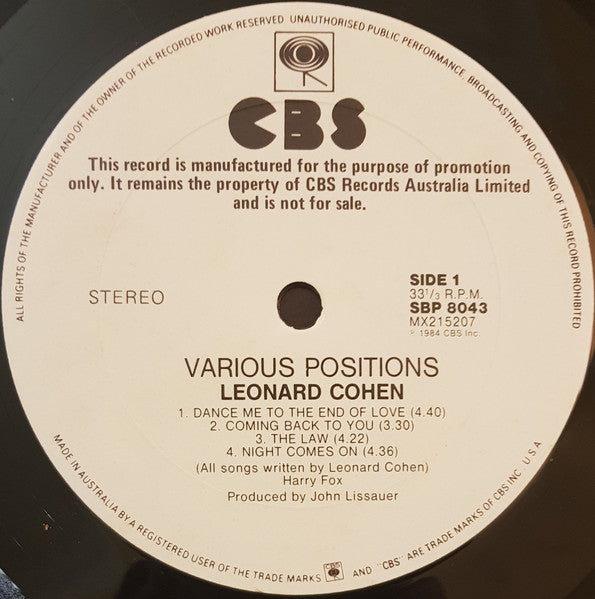 Leonard Cohen – Various Positions LP vinyl record, image 3 of 5