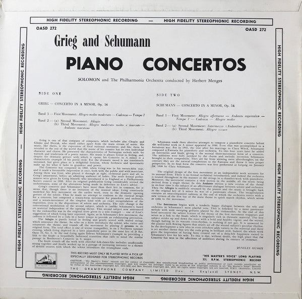 Edvard Grieg, Robert Schumann, Solomon, Herbert Menges, Philharmonia Orchestra – Piano Concertos LP vinyl record, image 2 of 3