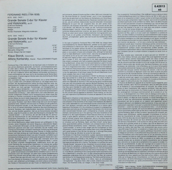 Ferdinand Ries, Klaus Storck, Alfons Kontarsky – Cellosonaten · Cello Sonatas · Sonates Pour Violoncelle Et Piano C-dur, Op. 20 · A-dur, Op. 21 LP vinyl record, image 2 of 4