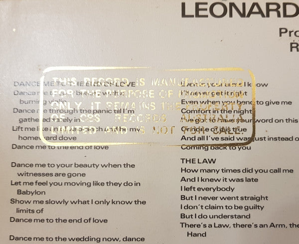 Leonard Cohen – Various Positions LP vinyl record, image 5 of 5