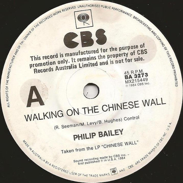 Philip Bailey – Walking On The Chinese Wall 7" vinyl record, image 1 of 3
