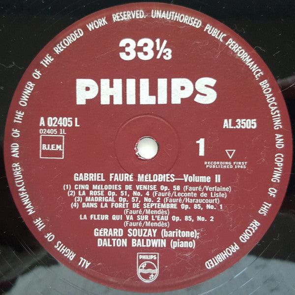 Gabriel Fauré, Gérard Souzay, Dalton Baldwin – Mandoline And Other Songs LP vinyl record, image 3 of 4