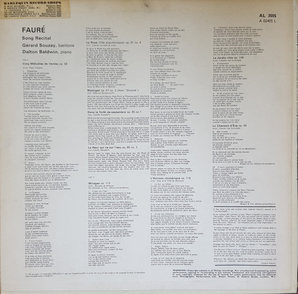 Gabriel Fauré, Gérard Souzay, Dalton Baldwin – Mandoline And Other Songs LP vinyl record, image 2 of 4
