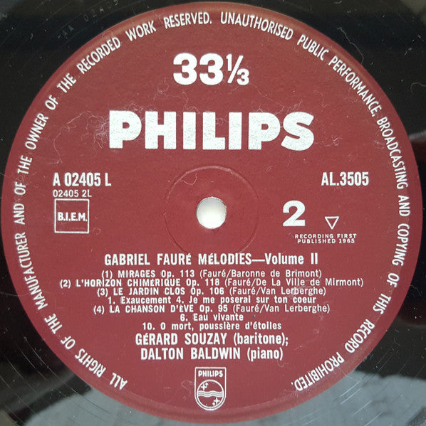 Gabriel Fauré, Gérard Souzay, Dalton Baldwin – Mandoline And Other Songs LP vinyl record, image 4 of 4