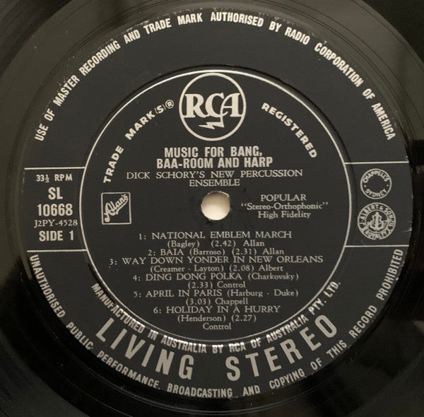 Dick Schory's Percussion And Brass Ensemble – Music For Bang, Baaroom And Harp LP vinyl record, image 3 of 4