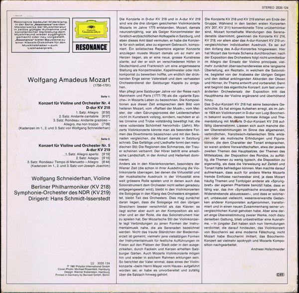 Wolfgang Amadeus Mozart, Wolfgang Schneiderhan, Berliner Philharmoniker, NDR Sinfonieorchester, Hans Schmidt-Isserstedt – Violinkonzerte Nr. 4 Und Nr. 5 LP vinyl record, image 2 of 4