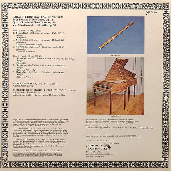 Nicholas McGegan, Colin Tilney, Christopher Hogwood, Johann Christian Bach – Four Sonatas & Two Duets, Op. 18 LP vinyl record, image 2 of 6