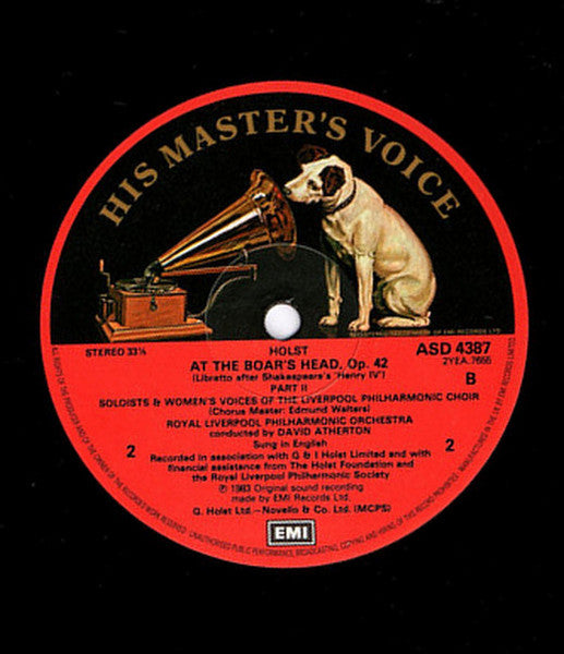 Gustav Holst, Philip Langridge, John Tomlinson, Elise Ross, Felicity Palmer, David Wilson-Johnson, Peter Hall, Richard Suart, Michael George, Royal Liverpool Philharmonic Orchestra, David Atherton – At The Boar's Head LP vinyl record, image 4 of 4