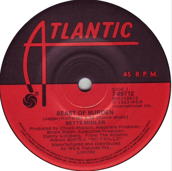 Bette Midler – Beast Of Burden 7" vinyl record, image 1 of 2