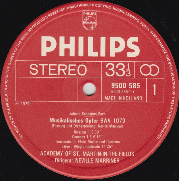 Johann Sebastian Bach, The Academy Of St. Martin-in-the-Fields, Sir Neville Marriner – Das Musikalische Opfer = The Musical Offering BWV 1079 LP vinyl record, image 3 of 4