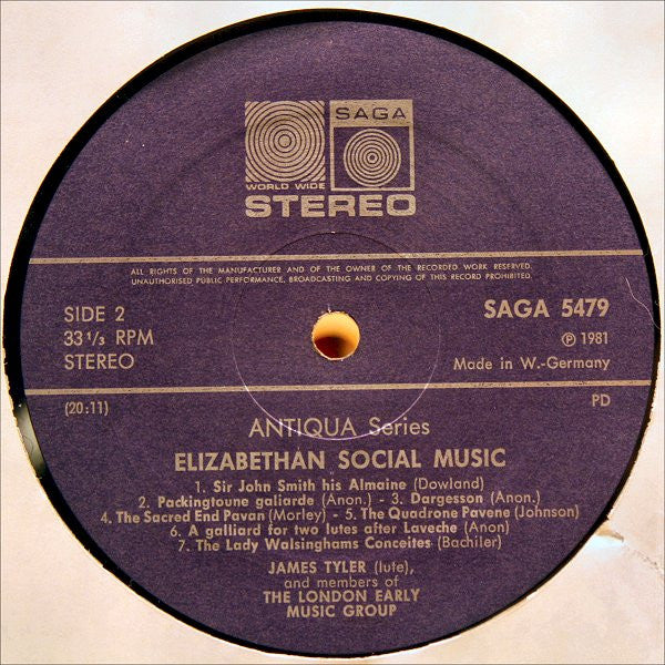 James Tyler, The London Early Music Group – Elizabethan Social Music (English Consorts, Lute Duets And Solos) LP vinyl record, image 4 of 4