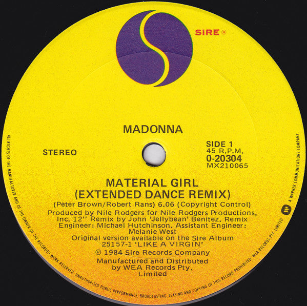 Madonna – Material Girl (Extended Dance Remix) 12" vinyl record, image 1 of 5