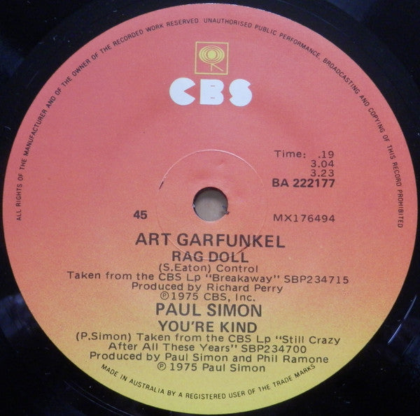 Simon & Garfunkel, Art Garfunkel, Paul Simon – My Little Town // Rag Doll / You're Kind 7" vinyl record, image 4 of 4