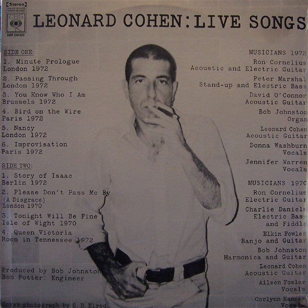 Leonard Cohen – Live Songs LP vinyl record, image 1 of 4