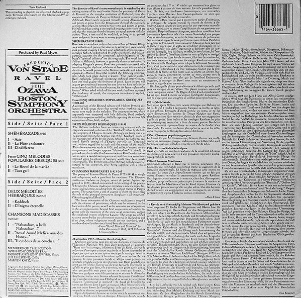Frederica Von Stade, Seiji Ozawa, Boston Symphony Orchestra, Maurice Ravel – Schéhérazade / Chansons Madécasses / Mélodies Populaires Grecques / Mélodies Hébraïques LP vinyl record, image 2 of 10