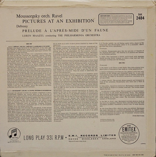 Modest Mussorgsky, Maurice Ravel, Claude Debussy, Philharmonia Orchestra, Lorin Maazel – Pictures At An Exhibition / Prélude À L'Après-Midi D'Un Faune LP vinyl record, image 2 of 3