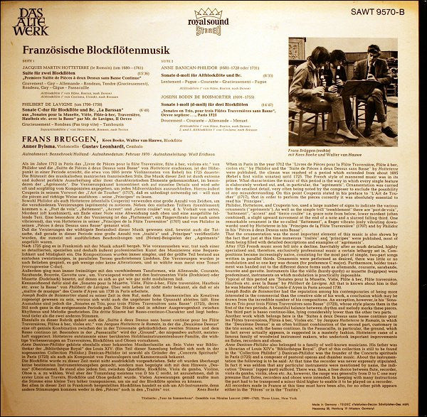 Frans Brüggen, Jacques Martin Hotteterre, Philibert De Lavigne, Joseph Bodin De Boismortier – Französische Blockflötenmusik LP vinyl record, image 2 of 4