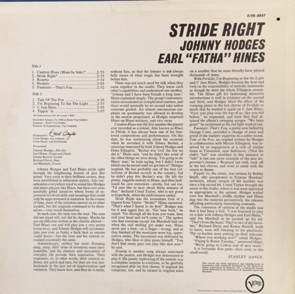 Johnny Hodges, Earl Hines – Stride Right LP vinyl record, image 2 of 4