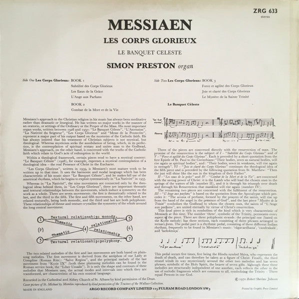 Olivier Messiaen, Simon Preston – Les Corps Glorieux / Le Banquet Celeste LP vinyl record, image 2 of 4