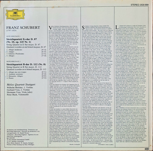 Franz Schubert, Melos Quartett – Streichquartette = String Quartets Es-Dur = In E Flat Major D.87 ∙ B-Dur = In B Flat Major D.112 LP vinyl record, image 2 of 4