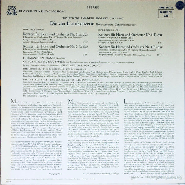 Wolfgang Amadeus Mozart, Hermann Baumann, Concentus Musicus Wien – Die 4 Hornkonzerte (Horn Concertos · Concertos Pour Cor) LP vinyl record, image 2 of 4