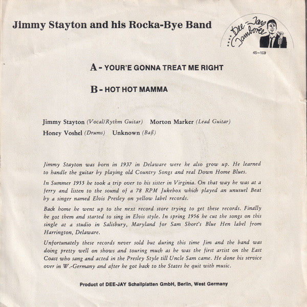 Jimmy Stayton And His Rocka-Bye Band – You're Gonna Treat Me Right 7" vinyl record, image 2 of 4