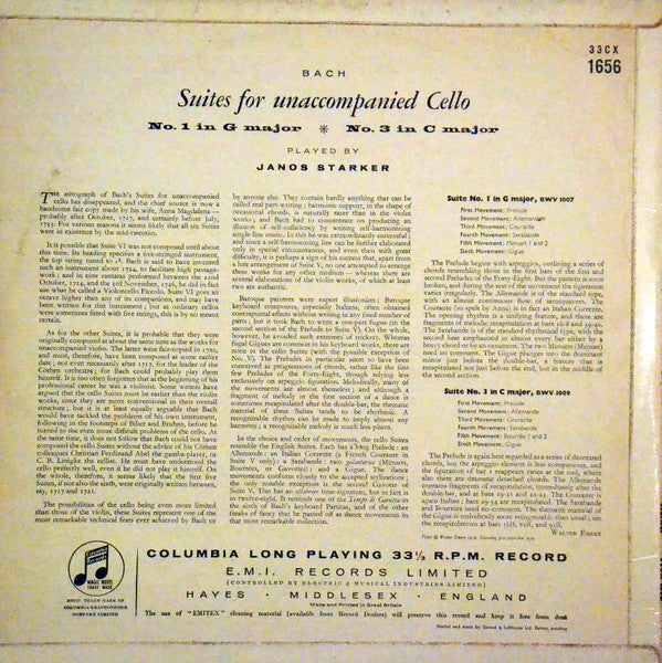 Janos Starker, Johann Sebastian Bach – Suites For Unaccompanied Cello - No. 1 In G Major / No. 3 In C Major LP vinyl record, image 2 of 4