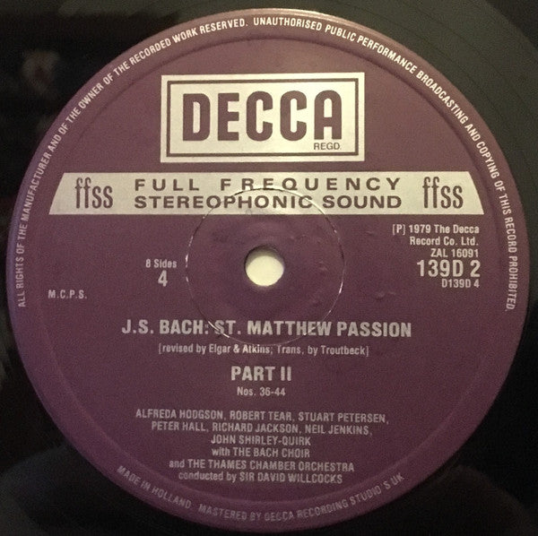 Johann Sebastian Bach, Robert Tear, John Shirley-Quirk, Felicity Lott, Alfreda Hodgson, Neil Jenkins, Stephen Roberts, St. Paul's Cathedral Choir, The Bach Choir, The Thames Chamber Orchestra, David Willcocks – St. Matthew Passion (4xLP) LP vinyl record, image 7 of 10