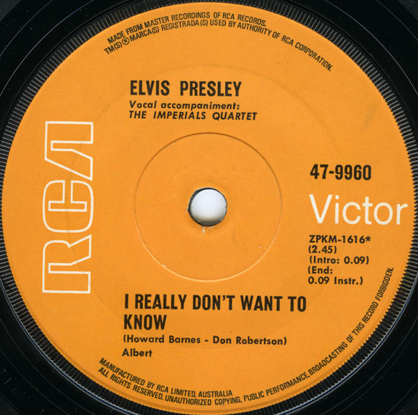 Elvis Presley – I Really Don't Want To Know / There Goes My Everything 7" vinyl record, image 3 of 5