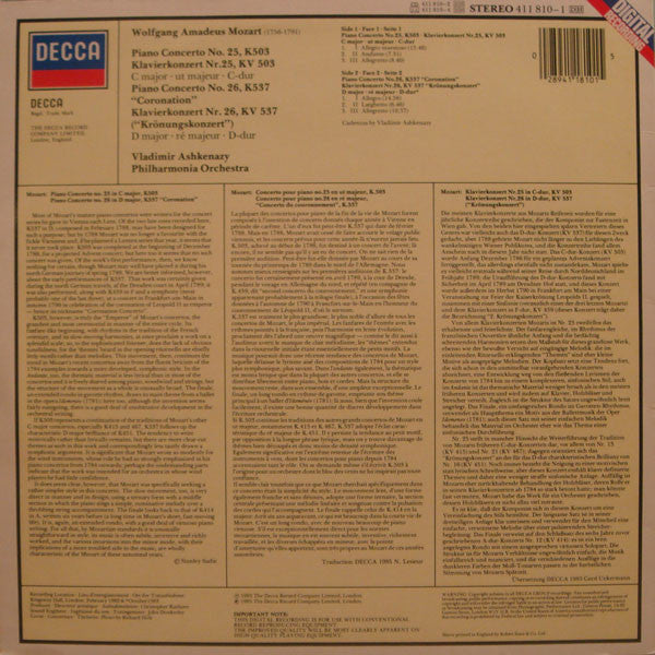 Wolfgang Amadeus Mozart, Philharmonia Orchestra, Vladimir Ashkenazy – Piano Concertos No.25, K503 & No.26, K537 LP vinyl record, image 2 of 4