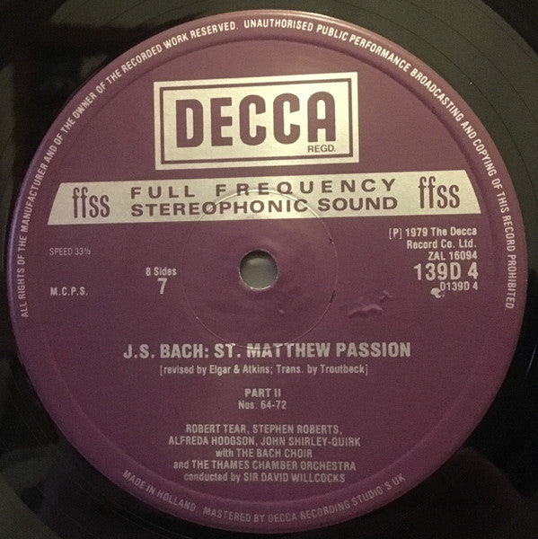 Johann Sebastian Bach, Robert Tear, John Shirley-Quirk, Felicity Lott, Alfreda Hodgson, Neil Jenkins, Stephen Roberts, St. Paul's Cathedral Choir, The Bach Choir, The Thames Chamber Orchestra, David Willcocks – St. Matthew Passion (4xLP) LP vinyl record, image 10 of 10
